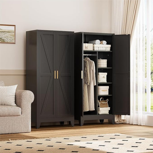 YAUWOH Farmhouse Wardrobe Cabinet,Metal Wardrobe Closet with Hanging Rod,Metal Armoire with Adjustable Shelves for Bedroom,Cloak Room,Office (Black)