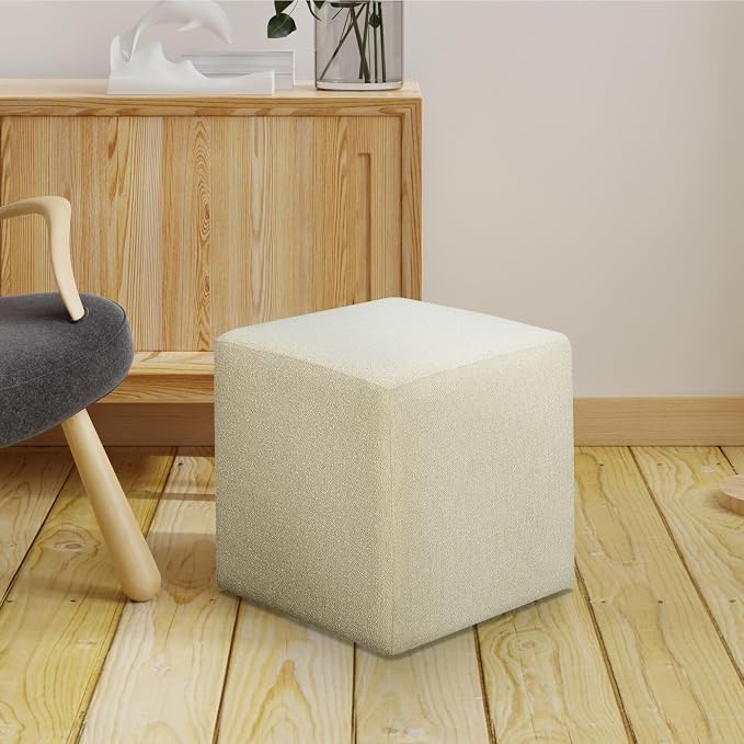 Studio Living Warren 18" Cube Ottoman, Urban Transitional, Fully Assembled, Soft Boucle Fabric, Snow