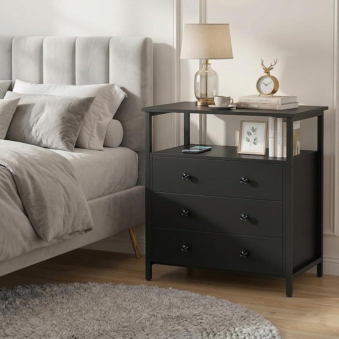 Edbuosy 3 Wooden Drawers Night Stand, 27 Inch Wide Nightstand Set 2 with Charging Station and Adjustable Drawers, Small Dresser for Closet, Bedside Table for Living Room/Bedroom/Office, Black