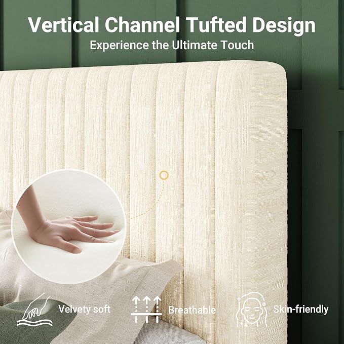 Allewie Full Bed Frame, Upholstered Platform Bed with Adjustable Vertical Channel Tufted Headboard, Mattress Foundation with Strong Wooden Slats, Box Spring Optional, Easy Assembly, Chenille White
