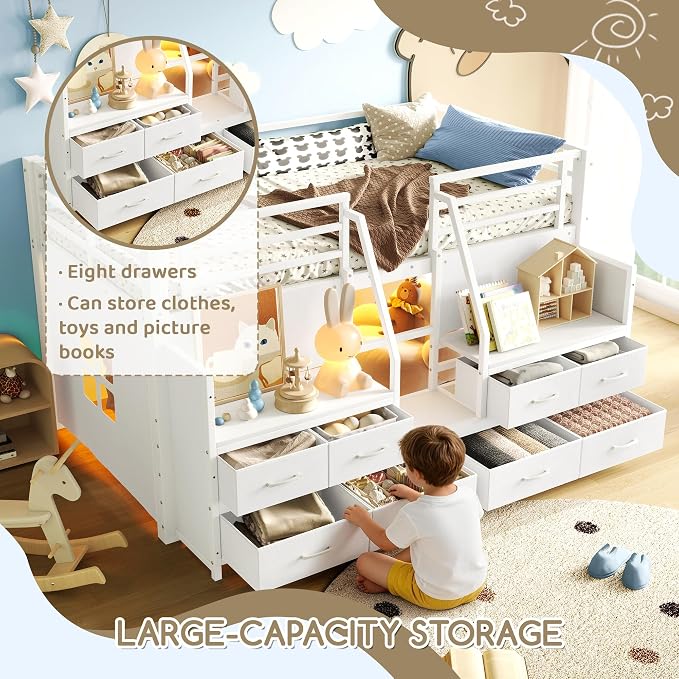 Bellemave Low Loft Bed Twin Size with Storage Shelves & Fabric Drawers, Metal Twin Loft Bed for Kids with LED Lights & Under-Bed Play Area, Low Loft Bed Frame for Bedroom, No Box Spring Needed, White