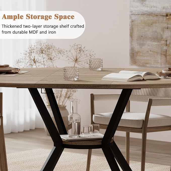 42"-58" Extendable Round Dining Table for 4-6, Kitchen Oval Table with Built-in Flip Leaf & Storage Shelf, Space Saving Modern Design with Sturdy Metal Legs for Kitchen, Living Room & Small Apartments