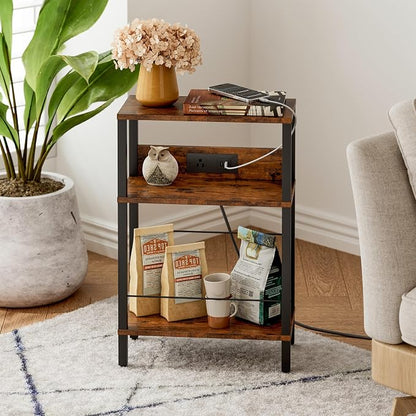 DGSANDGO Narrow Side Table (Rustic Brown) - Nightstand with Charging Station (2 USB + 1 AC Outlet), 3-Tier End Table for Balcony/Kid's Room/Bedroom