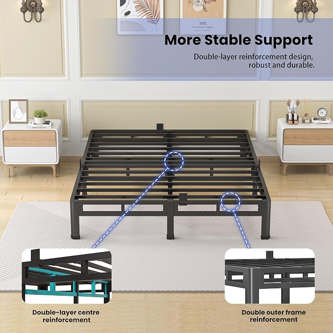 NKZ 7 Inch Queen Size Bed Frame, Metal Bed Frame & Box Spring 2 in 1 Platform with Round Corner Legs, 4000Lbs Heavy Duty Low-Profile Frame, Mattress Slide Stopper, Noise-Free, Easy Assembly