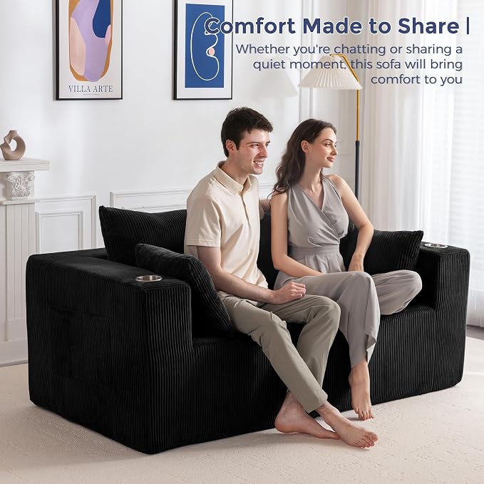 MAXYOYO Modular Sectional Sofa Couch, Loveseat Boneless Cloud Couch for Living Room, Sofa in A Box, Tufted Upholstered Cozy Chair with Cup Holders, No Assembly Required, Black