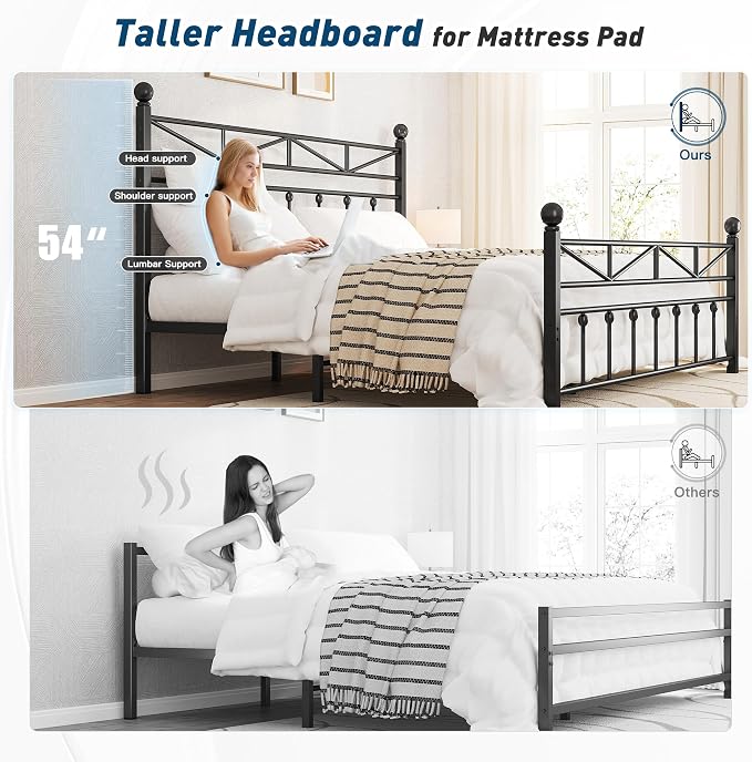EnHomee 14.2" Metal Full Size Bed Frame with Tall Headboard & Footboard, LED Light Full Bed Frame, Strong Slats Support and Noise-Free Design with Under Bed Storage/No Box Spring Needed/Black