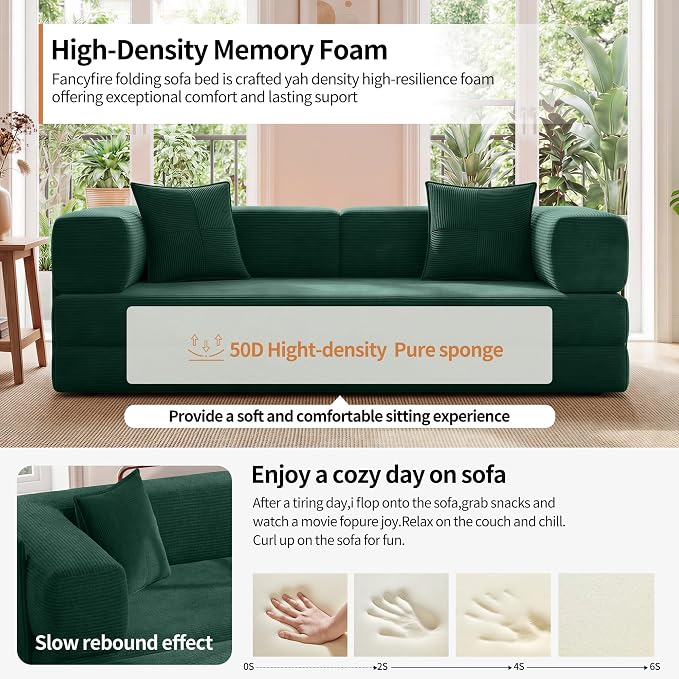 78.8" Convertible Sofa Bed with Armrest Pillow, 4-in-1 Sleeper Couch Bed for Livingroom, Modular Corduroy Boneless couches, No Assembly (Forest Green)