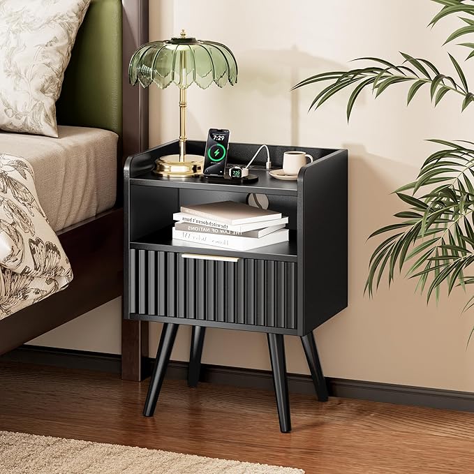 Huuger Nightstand with Charging Station, USB-C Port, Fluted Night Stand Set of 2, Bed Side Table with Drawer, Solid Wood Feet, Open Storage, End Table with Raised Edge, for Bedroom, Black