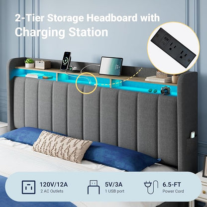 Allewie King Size Bed Frame with 2-Tier LED Storage Headboard, Upholstered King Platform Bed Frame with 2 Storage Drawers, USB & Type-C Charging Ports, Noise-Free/No Box Spring Needed, Dark Grey