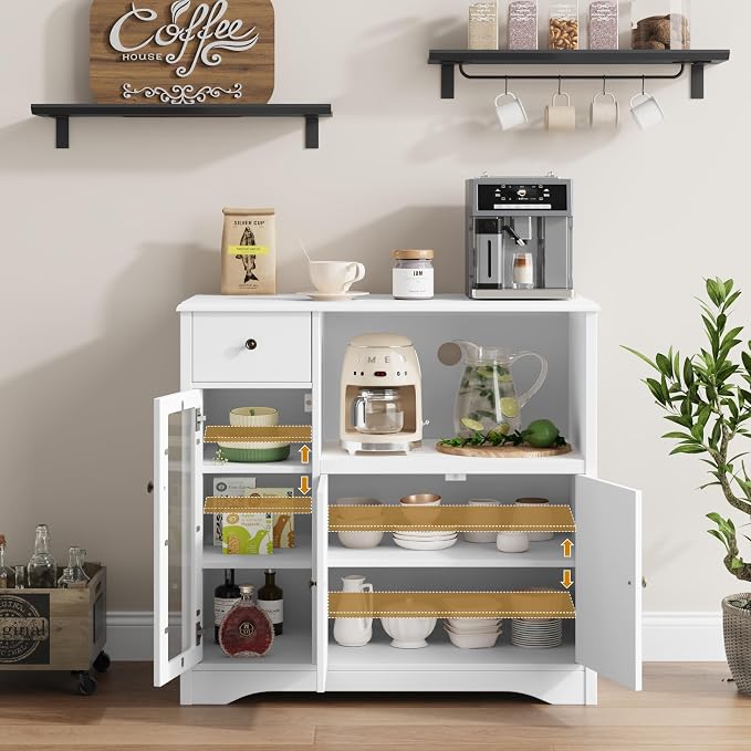 HORSTORS Microwave Cabinet, Kitchen Storage Cabinet with 3 Doors and 1 Drawer, Buffet Sideboard with Adjustable Shelves, Microwave Stand for Kitchen, Dining Room, White