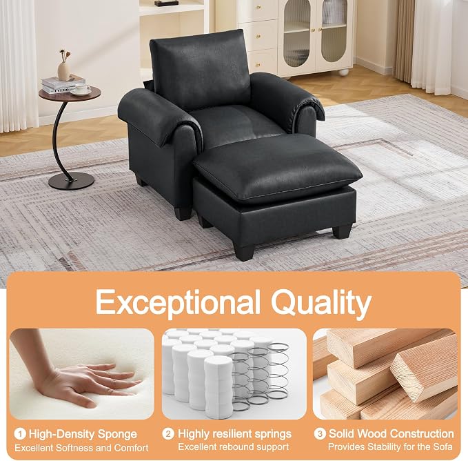 44.5" Faux Leather Single Sofa with Movable Ottoman, Oversized Accent Chair with Curved Armrests, Cloud Modern Sofa Upholstered Reading Lounge Armchair for Living Room, Bedroom，Black