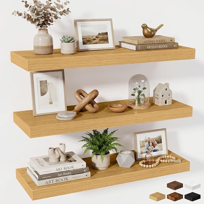 Fun Memories 32 x 10 Floating Shelves Wall-Mounted - Rustic Wood Shelf - 10 Inch Deep Floating Shelves for Wall - Large Storage Shelf for Bathroom - Kitchen & Bedroom - Oak - Set of 3