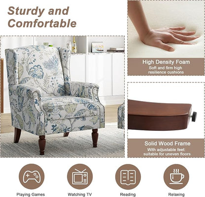 Pia Ricco High Back Floral Accent Chair - Retro Wingback Upholstered Armchair with Nailhead Trim, Solid Wood Legs, Fabric Living Room Bedroom Reading Chair (Plants Blue)