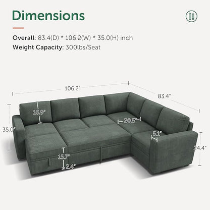 HONBAY Modular Sectional Sleeper Sofa with Pull Out Bed, Corduroy Couch with Storage Seats Ottoman, U Shaped Sectional Couches for Living Room, Green
