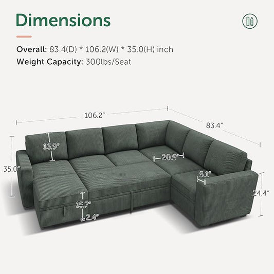HONBAY Modular Sectional Sleeper Sofa with Pull Out Bed, Corduroy Couch with Storage Seats Ottoman, U Shaped Sectional Couches for Living Room, Green