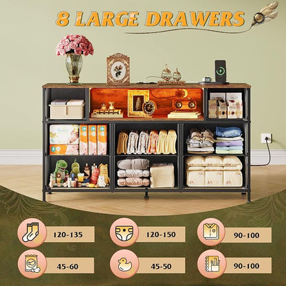 WLIVE Dresser TV Stand for 45, 50, 55 inch TV, Entertainment Center with LED Lights & Charging Station, Chest of Drawers with 8 Fabric Drawers and Open Shelves for Living Room, Hallway, Pattern