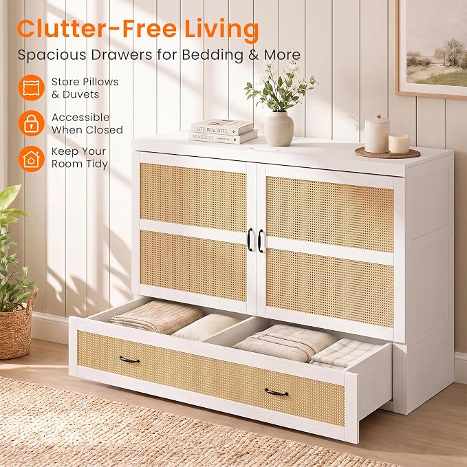 CECER Queen Size Murphy Bed with Mattress for Guest/Small Space-White | Built-in Multi-Port Charging Station ＆ Large Storage Drawer，Space Saving ＆ Easy Assemble and Conversion