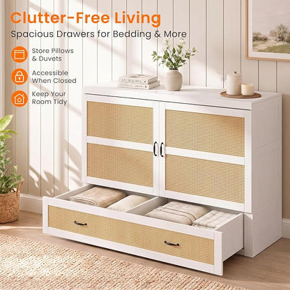 CECER Queen Size Murphy Bed with Mattress for Guest/Small Space-White | Built-in Multi-Port Charging Station ＆ Large Storage Drawer，Space Saving ＆ Easy Assemble and Conversion