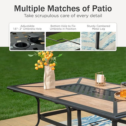 PHI VILLA Patio Dining Set with Umbrella for 6 Person, Outdoor Swivel Dining Chairs Set and 1 Large Rectangular Wooden-Like Top Table with 13ft Navy Blue Outdoor Market Umbrella(No Base)