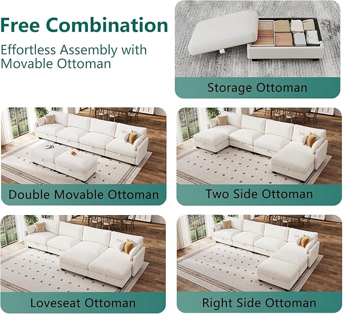 Modular Sectional U Shaped Sofa Couches for Living Room, Cloud Couch with Storage Ottoman, Comfy Chenille Sofa with Pillow, Beige