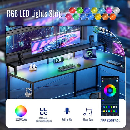 Pamray 64 Inch L Shaped Gaming Desk with Power Outlets and Led Lights, Large Corner Computer Desk with Monitor Stand and Pegboard, PC Table for Home Office and Bedroom Grey