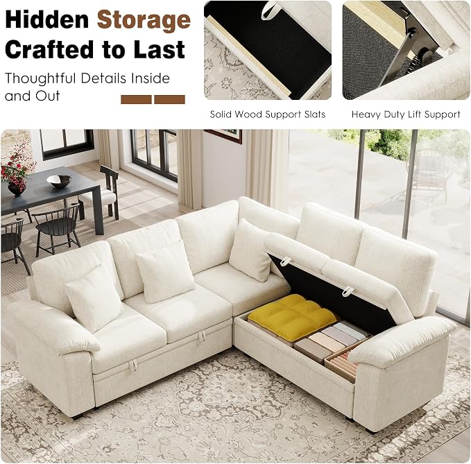 Ihanherry 86" Modular Sectional Sofa with Pull Out Bed, 5-Seater L Shaped Sectional Sleeper Couch with Storage, Chenille Convertible Couches for Living Room, Apartment (Beige)