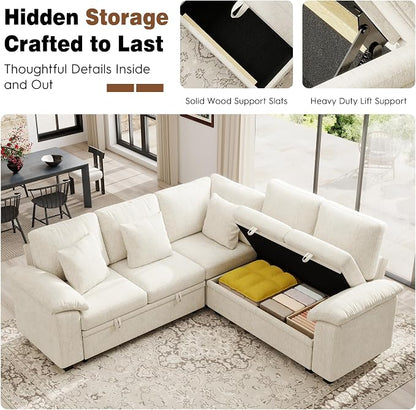 Ihanherry 86" Modular Sectional Sofa with Pull Out Bed, 5-Seater L Shaped Sectional Sleeper Couch with Storage, Chenille Convertible Couches for Living Room, Apartment (Beige)