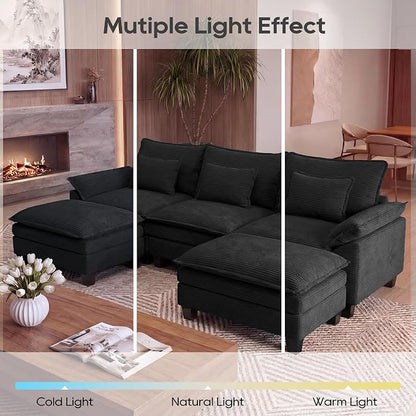 URRED Oversized Modular Sectional Sofa, 122" U Shaped Modern Comfy Cloud Couch with Movable Ottoman & Pillows, Deep Seat Couches for Living Room, Bedroom or Apartment (Corduroy Black, 122" U Shaped)