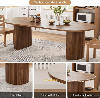 43-95 Inch Oval Extendable Dining Table for 4-10, Fluted Space Saving Long Round Kitchen Table with 3 Leaf, 2 Storage, Mid Century Modern Dining Room Dinner Table for Living Room, Walnut