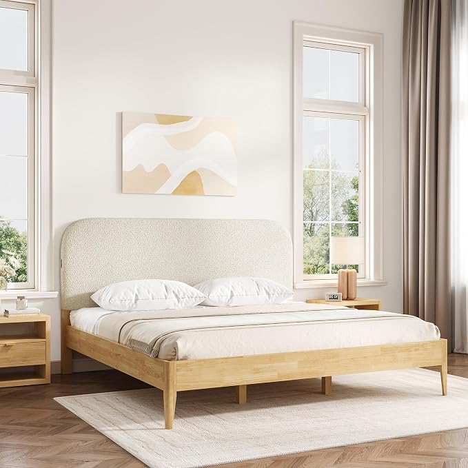 KISLOT Wood Bed Frame with USB & Type-C Charging, Boucle Platform Bed with Upholstered Headboard Mattress Foundation No Box Spring Needed Easy Assembly