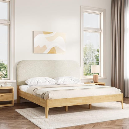KISLOT Wood Bed Frame with USB & Type-C Charging, Boucle Platform Bed with Upholstered Headboard Mattress Foundation No Box Spring Needed Easy Assembly