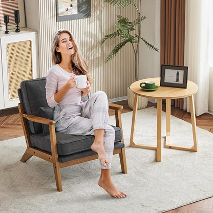 Karl home Mid-Century Lounge Accent Chair, Gray | Wide Curved Armrest, Linen Fabric, Lumbar Pillow Included, Solid Wood Frame, For Living Room, Bedroom, Balcony, Apartment