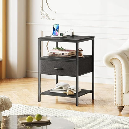 SUPERJARE Night Stand with Charger Station, 27.7 Inch Tall Nightstand with Adjustable Fabric Drawer, Bed Side Table, Fabric Drawer Dresser for Bedroom, Living Room, Black