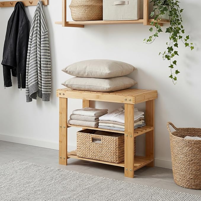 Sturdy 3-Tier Bamboo Shoe Rack Bench – Modern Entryway Organizer with Storage Shelf & Seating, Holds up to 130kg, Ideal for Closet, Bedroom, Living Room, 28.7 x 50 x 45.3 cm – Natural Wood Finish