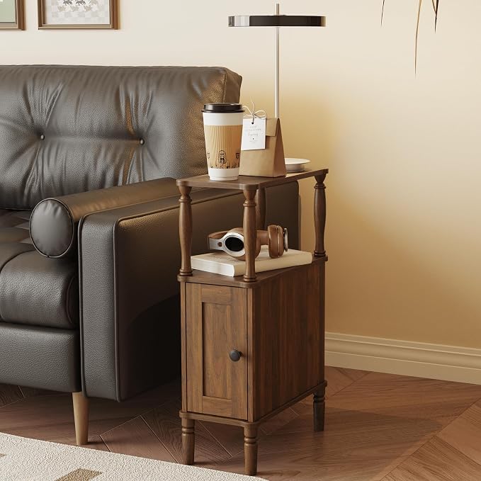 Veegle Narrow Nightstand,Skinny End Side Table (Walnut Brown) | Mid-Century Modern Night stand with Storage,Bedside Table for Bedroom and Living Room