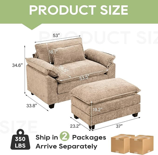Oprisen 53" Modular Sectional Sofa, Comfy Cloud Couch Sectional Sofa with Ottoman, Chenille Sofa Sleeper Deep Seat Sofa with Throw Pillows for Living Room (Khaki)