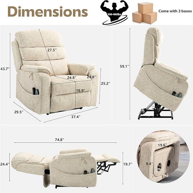 JIKFRIMA Power Lift Recliners Chairs for Elderly Adults Lay Flat Recliner with Heat & Massage, Wireless Charging Device, USB Ports, Cup Holder, Lumbar Pillow, 400Lbs (Velvet Fibric,Beige)