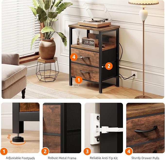 Lazzanto NightStand Bedside Charging Table Bedroom - Brown Night Stand with Charger Station, Modern Bed Side End Table with Open Shelf & 2 Fabric Drawers, USB-C Port for Dorm, Living Room