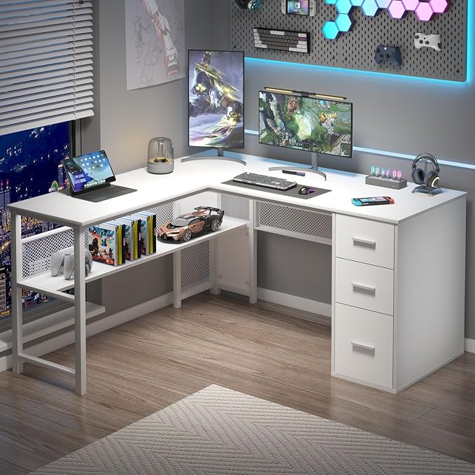 LVB Reversible L Shaped Desk with Drawers, White Computer Desk with Storage | 59" Adjustable Modern Executive Office Desks, Adjustable Corner Design for Gaming Spaces and Home Workstations