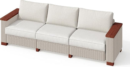PaPaJet Outdoor Patio Sofa, 3 Seat Wicker Couch with Solid Armrests & Legs, 4.7" Thickened Removable Cushions, UV-Resistant Modular Sofa for Porch, Backyard, Garden