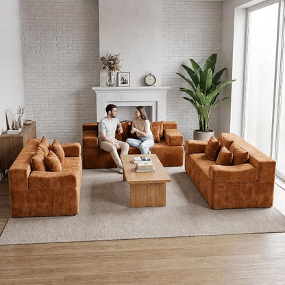 MONVANE 3-Piece Boneless Loveseat Couch Set for Living Room, Oversized Modular Sectional Sofa Set with Removable Armrests, Comfy Chenille Cloud Couch with 12 Pillows, No Assembly Required, Orange