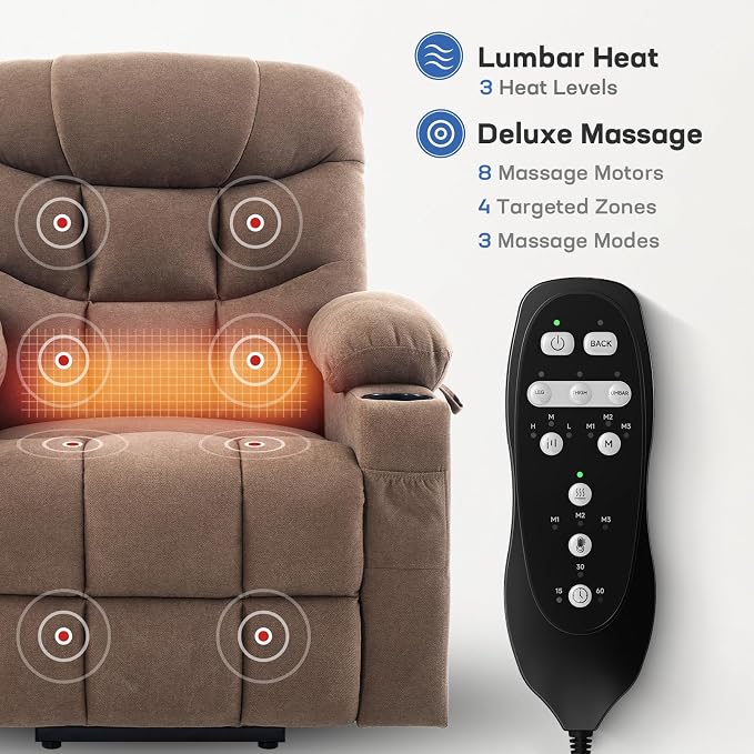 Tami Tami Dual Motor Power Lift Chair Recliner for Elderly with Massage and Heat, Infinite Position Electric Lift Recliner with USB A&C, Cup Holders (T6012 - Linen Fabric, Brown, Medium)
