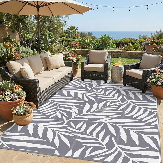 Smiry Outdoor Rug 6x9 ft, Waterproof Reversible Plastic Straw Rugs, Outdoor Area Rug with Leaf Pattern, Outside Floor Mat for Patio, Backyard, Deck, Picnic, Beach, Camping, Grey & White