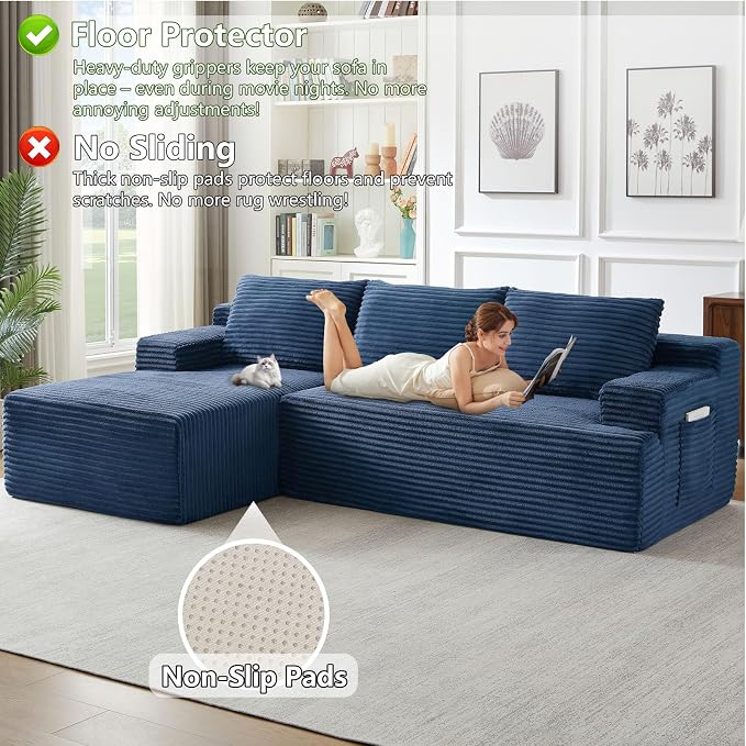 96" Modular Sectional Sofa, Modern Corduroy Cloud Couch, Boneless Couch Upholstered 3-Seater L-Shaped Sofa for Living Room, No Assembly Required (Blue, Left-Facing Chaise)