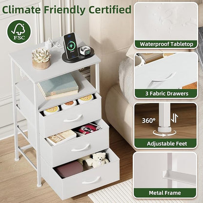Somdot Nightstands Set of 2,Bedside Tables with Charging Station and LED Lights,Night Stand with 3 Fabric Drawers, End Tables with Open Shelf for Small Spaces Bedroom Entryway Hallway, White Leather