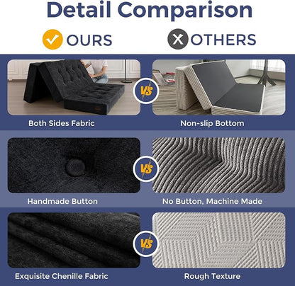 MAXYOYO 6" Folding Sofa Bed for Floor, Tufted Tri-Fold Floor Mattress with Chenille Fabric, Queen Size Portable Sofa Couch Guest Mat for Adults, Foldable Topper for Camping, Black, 59"x78.7"
