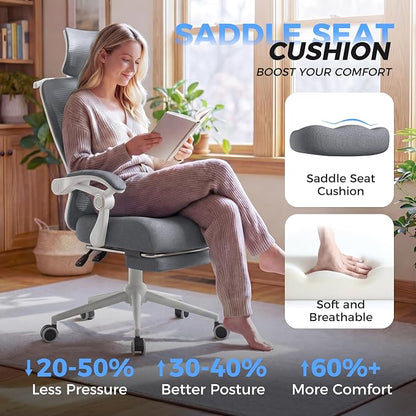 CYKOV Ergonomic Office Chair with Footrest - Adjustable Lumbar Support & Headrest, 90-135° Reclining Mesh Back Computer Chair - Home Office/Gaming, 350lbs Capacity