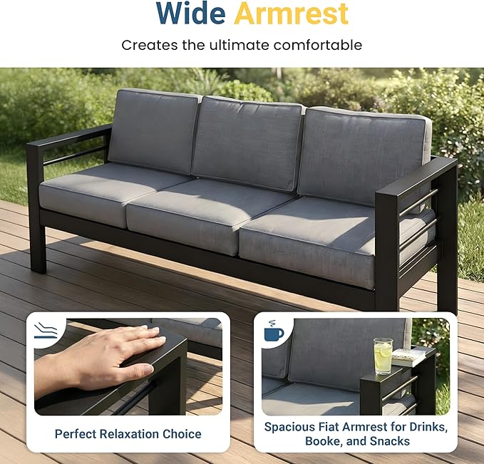 Wisteria Lane Aluminum Outdoor Sofa, 2 Pieces Patio Couch All-Weather Rust-Proof Modern Metal Patio Furniture with 5" Thick Olefin Cushions, Light Grey
