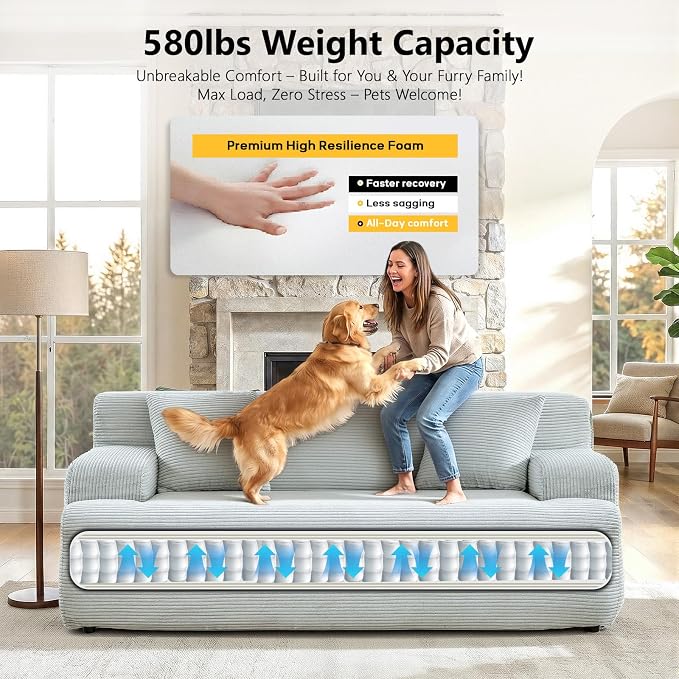 VINGLI 72" W Boneless Loveseat Sofa, Cloud Corduroy Couch in a Box, Compressed Deep Seat Sofa with 10.6" Wide Curved Armrests, Easy Assembly Required for Living Room, Apartments & Office, Light Blue