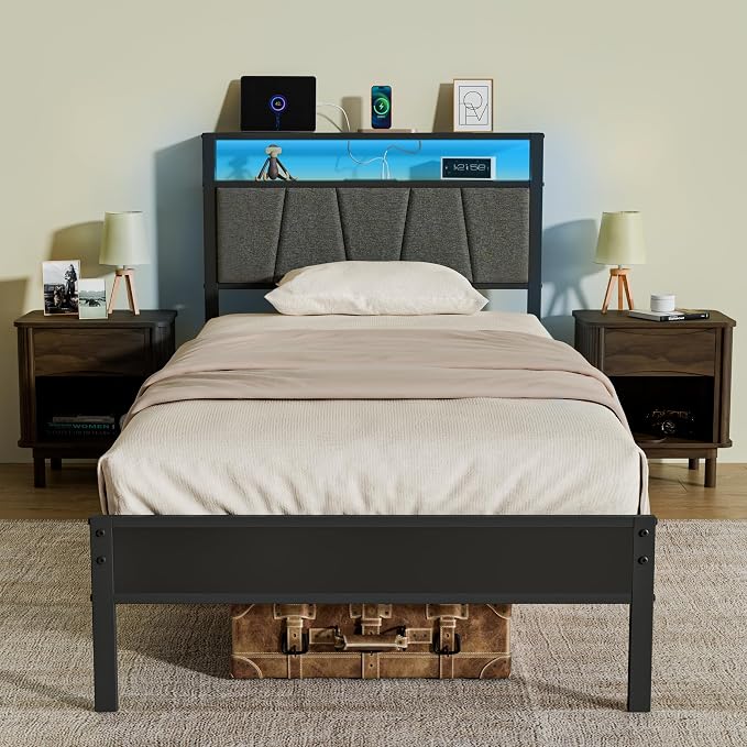 Z-hom 14 Inch Storage Headboard with Charging Station Twin Bed Frame,LED Bed w/Upholstered Headboard and Footboard, Metal Platform Bed w/ 2-Tier Shelves,Easy Assembly,No Box Spring Needed,Noise Free